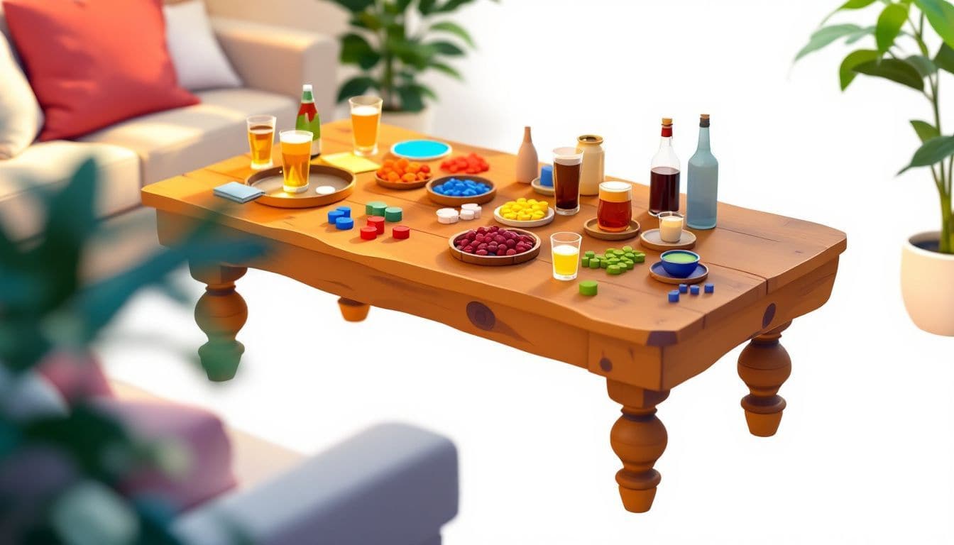 Een gezellige woonkamer met kleurrijke volwassen drinkspellen op een houten tafel.