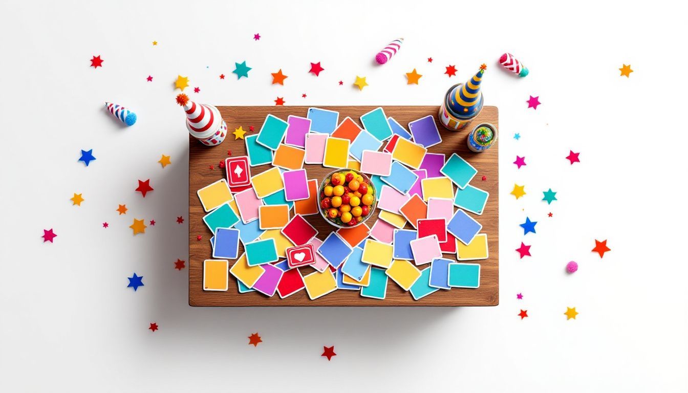 Een tafel vol kleurrijke spelpatronen en feestelijke decoraties.