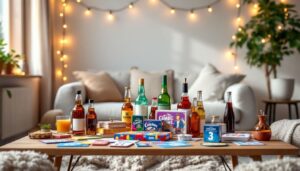 Een gezellige woonkamer met spelletjes en drankjes, perfect voor bijeenkomsten.