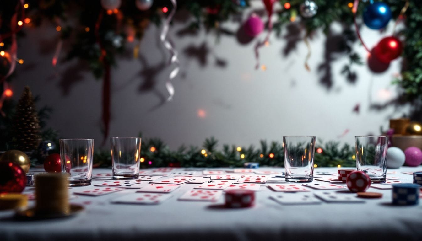 Een feestelijke tafel met kaarten en lege glazen in een uitnodigende sfeer.