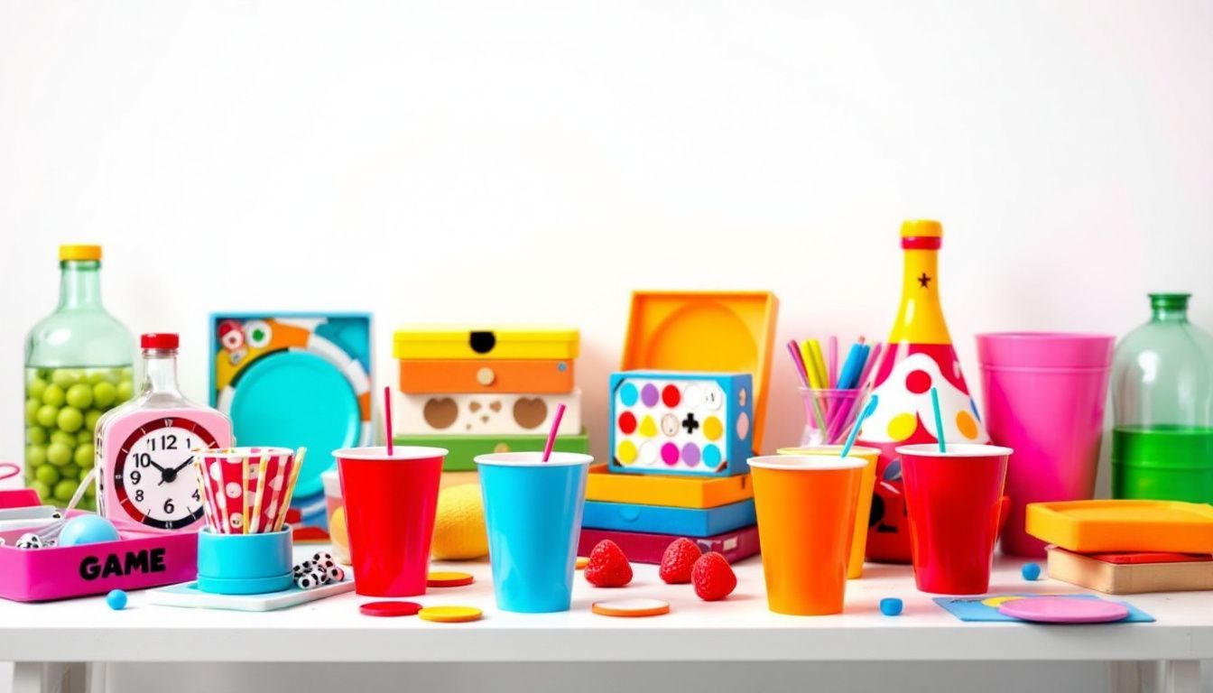 Een kleurrijke opstelling van feestspellen en drankjes op een tafel.