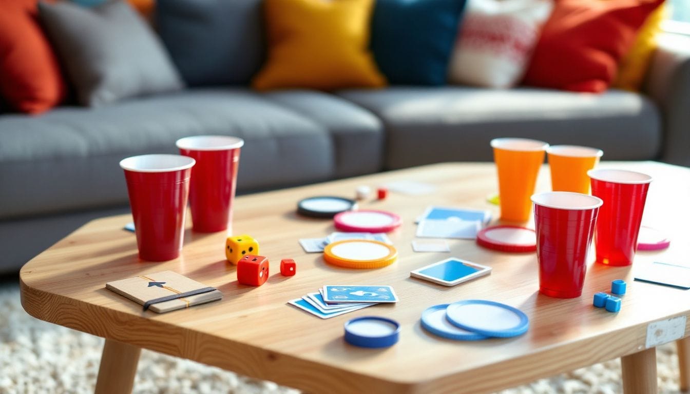 Een gezellige woonkamer met diverse kleurrijke drankspel accessoires op een tafel.