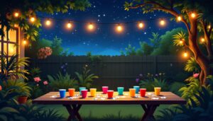 Een feestelijke achtertuinsetting voor een spelletje Ring of Fire.