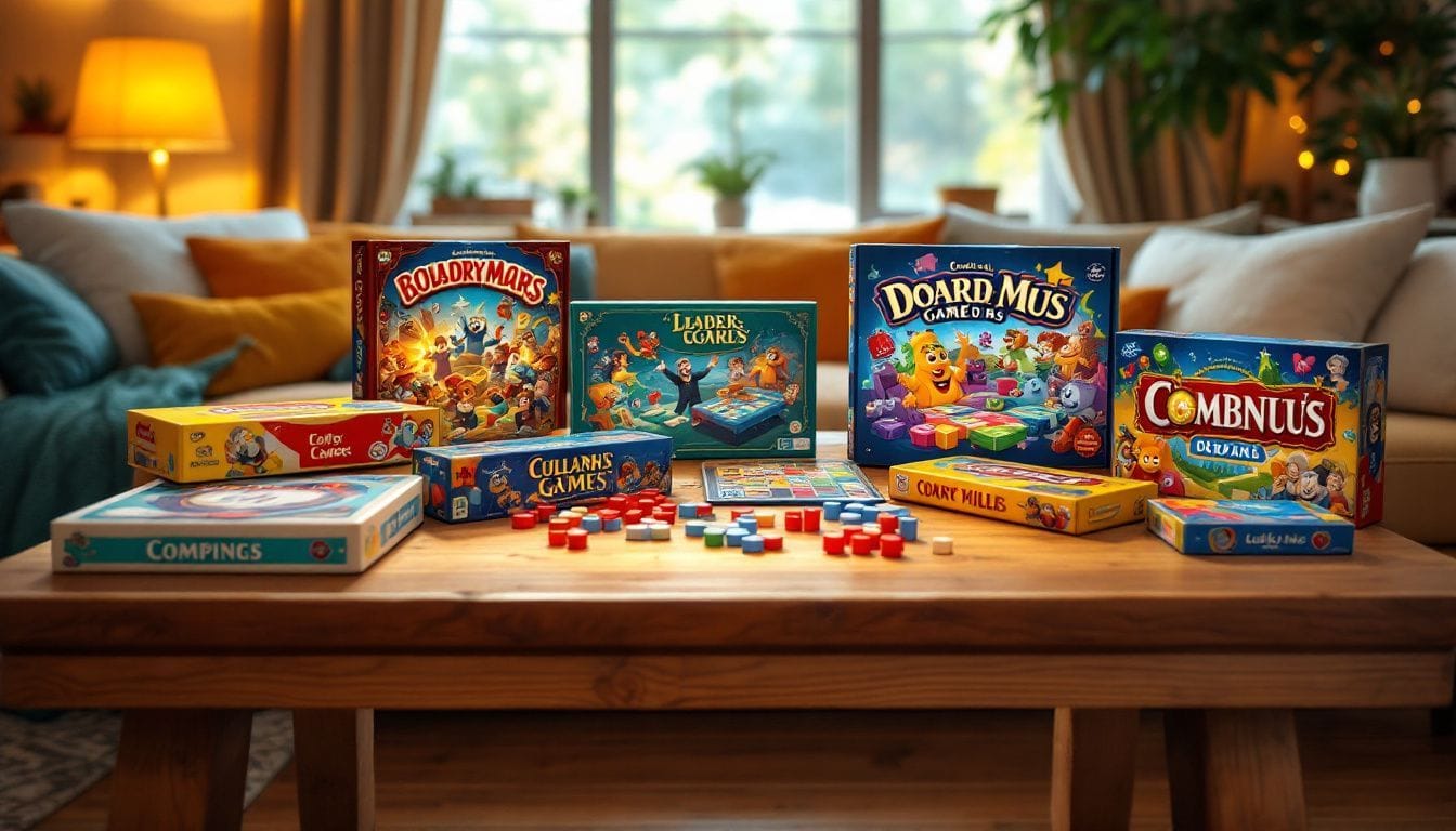 Een gezellige woonkamer met verschillende bordspellen op een tafel.