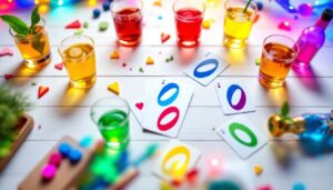 Een feestelijke setting met Uno kaarten en shot glazen met drankjes.