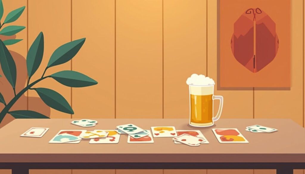 Minimalistische illustratie van een gezellige spelletjesavond met een tafel.