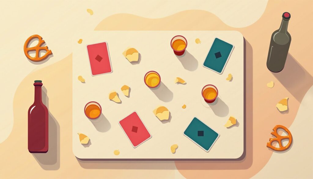 Minimalistische vectorillustratie van een tafel met spellen en snacks.