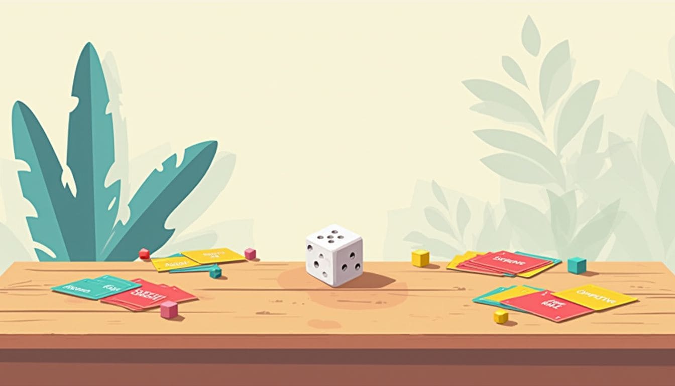 Minimalistische illustratie van het spel 'Alcoholly' op een houten tafel.