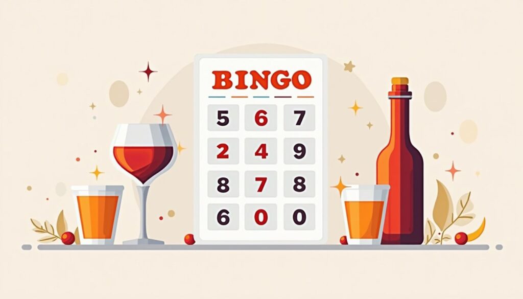 Minimalistische vectorillustratie van een digitale bingokaart met kleurrijke iconen.