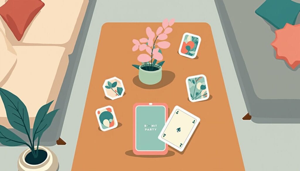 Een bovenaanzicht van een houten tafel met coasters en speelkaarten.