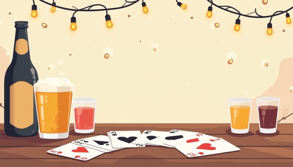 Minimalistische illustratie van een tafel met kaarten en drankjes.