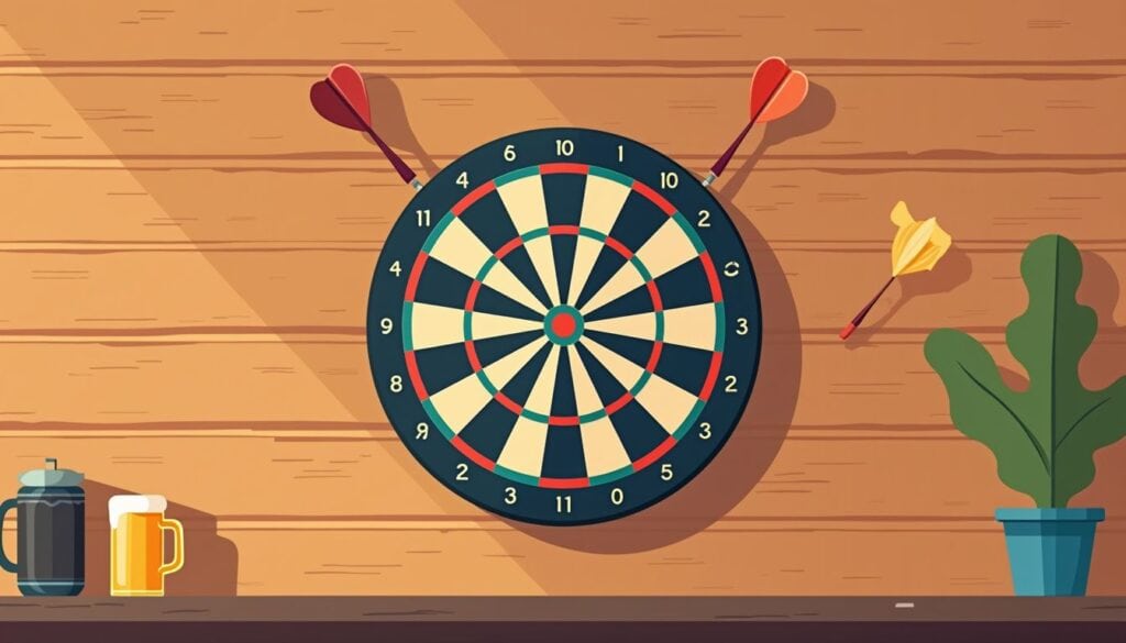 Flat vectorillustratie van een dartbord tegen een houten muur.