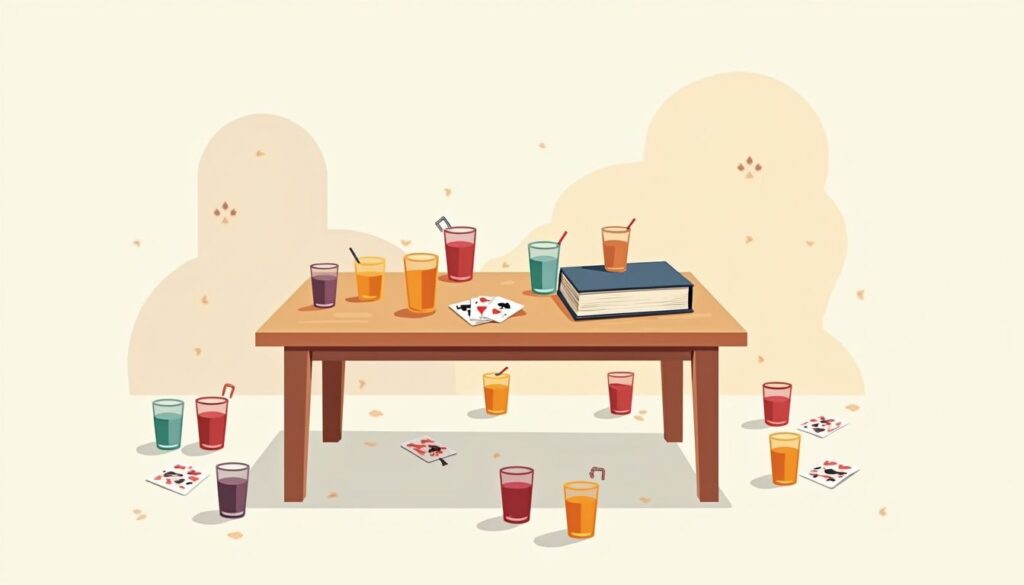 Minimalistische vectorillustratie van een houten tafel met kleurrijke iconen.