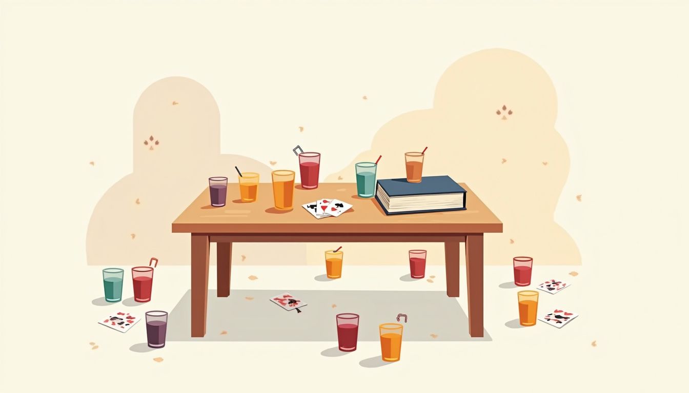 Minimalistische vectorillustratie van een houten tafel met kleurrijke iconen.