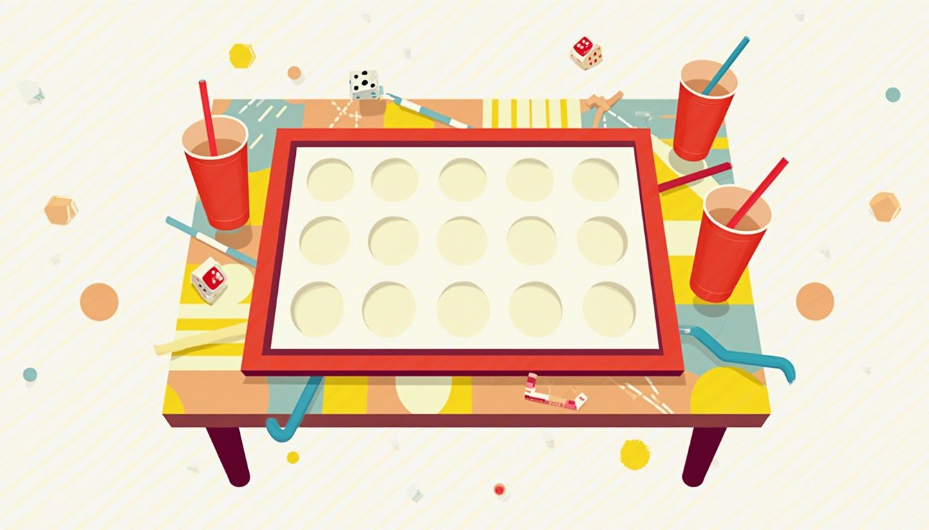 Vrolijke, minimalistische DIY drinkspelbordillustratie met kleurrijke iconen.