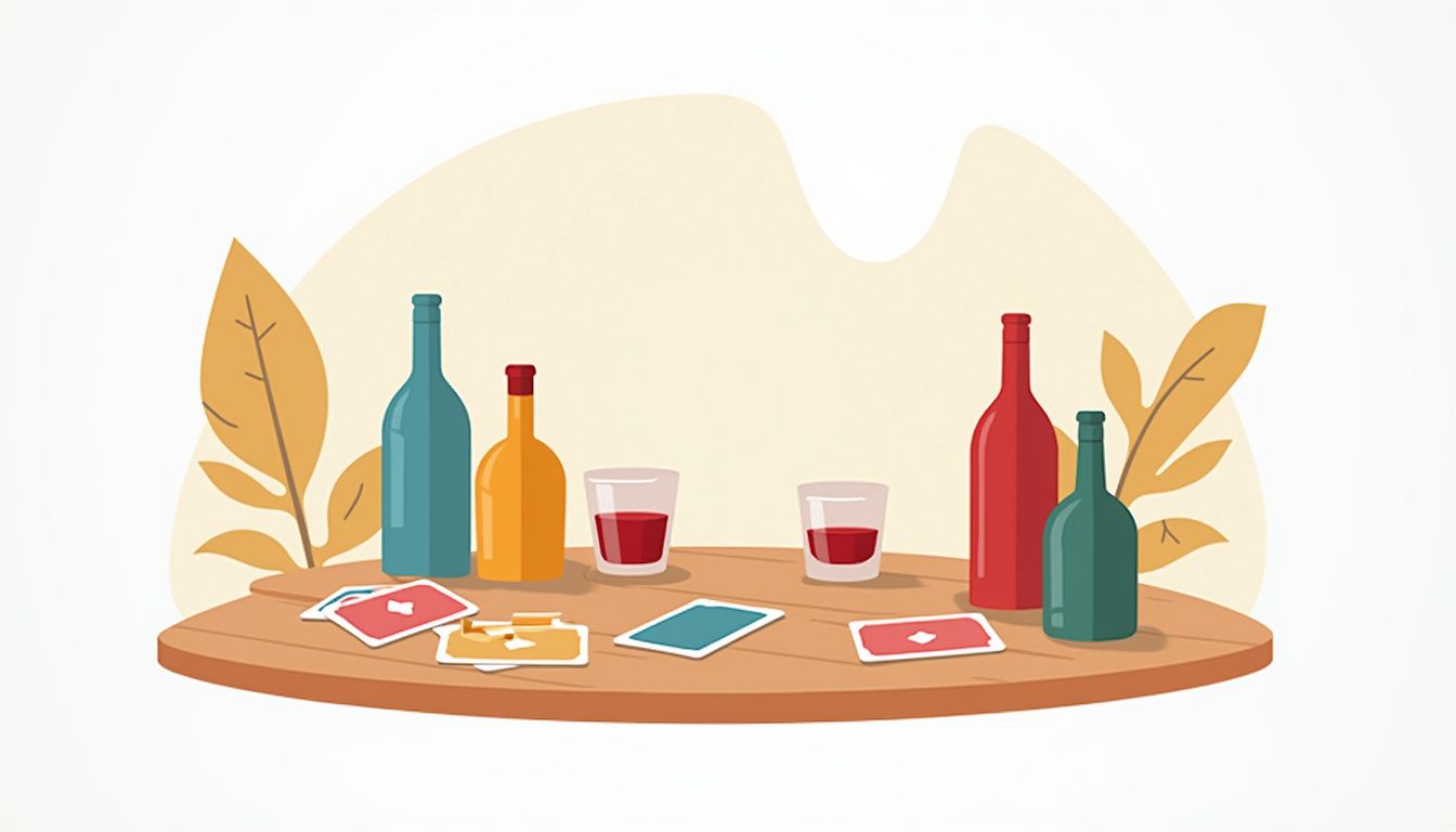 Minimalistische vectorillustratie van een eettafel met kaarten en flessen.