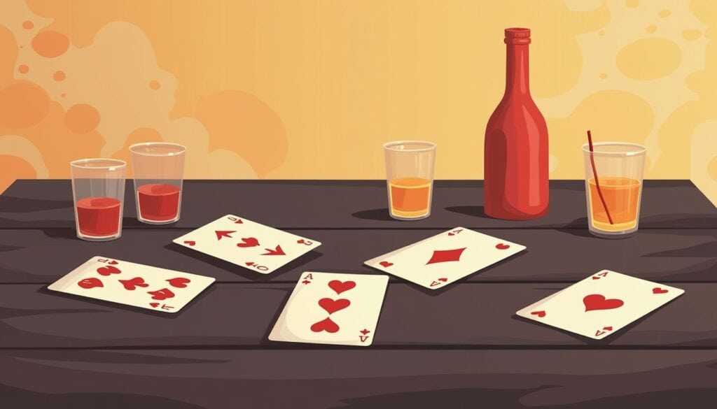 Minimalistische vectorillustratie van een deck speelkaarten op een houten tafel.