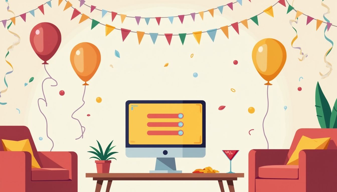 Flat illustration van een quizscherm in een gezellige woonkamer.