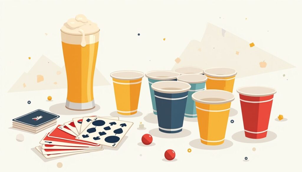 Minimalistische illustratie van speelkaarten en bierglazen in felle kleuren.