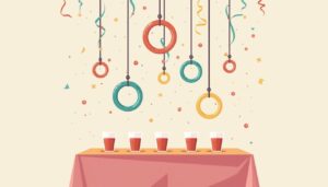 Minimalistische vectorillustratie van een ringgooi-drinkspel op een tafel.