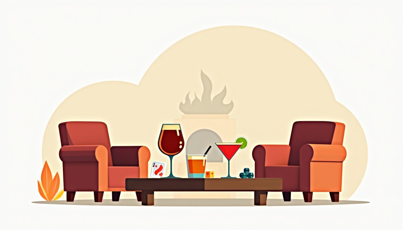 Flat vectorillustratie van dranken en spelelementen op een houten tafel.