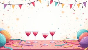 Minimalistische illustratie van een levendig vrijgezellenfeest met kleurrijke decoraties.