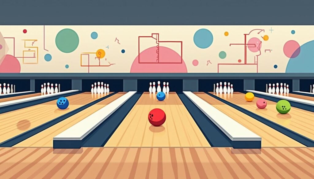 Minimalistische vectorillustratie van een bowlingbaan met levendige kleuren.