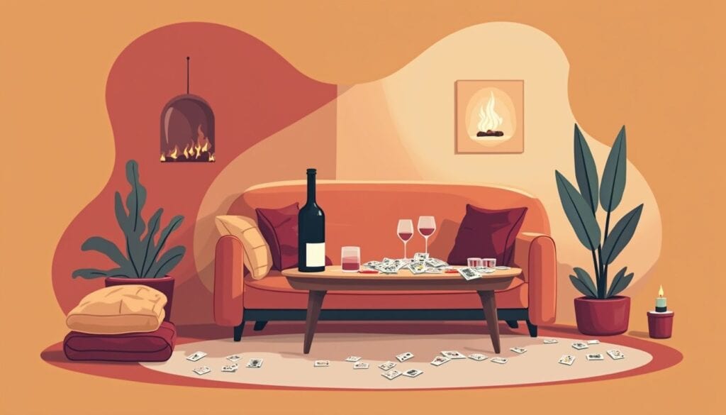Minimalistische vectorillustratie van een gezellige woonkamer met een rommelig tafeltje.