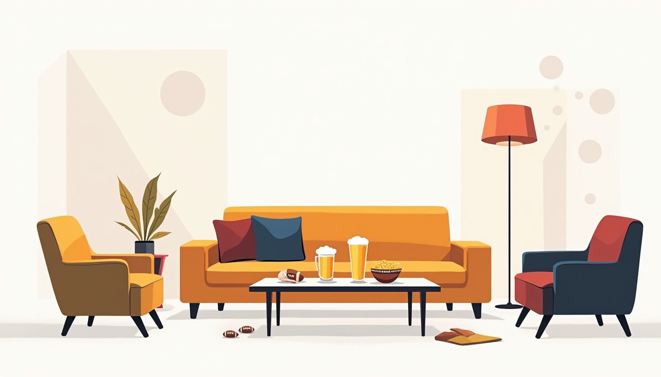 Minimalistische woonkamer met een koffie tafel en sportthema decoraties.