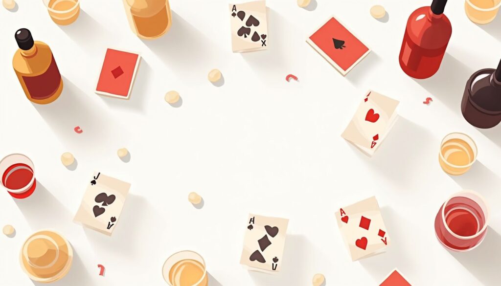 Een kleurrijke vectorillustratie van een rommelige tafel met kaarten en flessen.