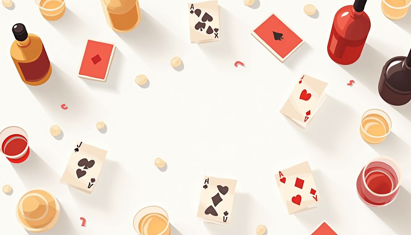 Een kleurrijke vectorillustratie van een rommelige tafel met kaarten en flessen.