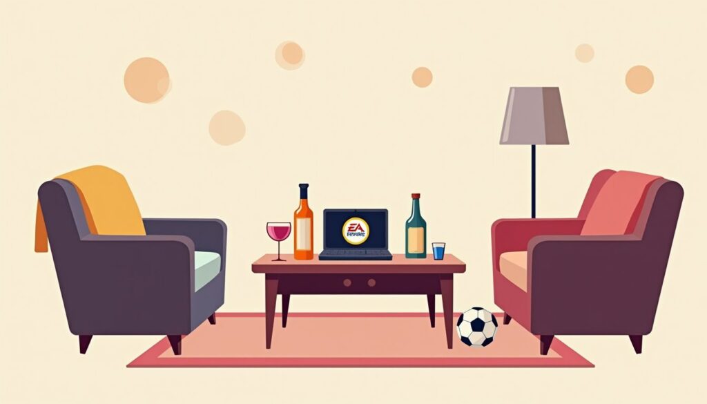 Minimalistische woonkamer met een houten tafel, spelconsole en kleurrijke decoraties.