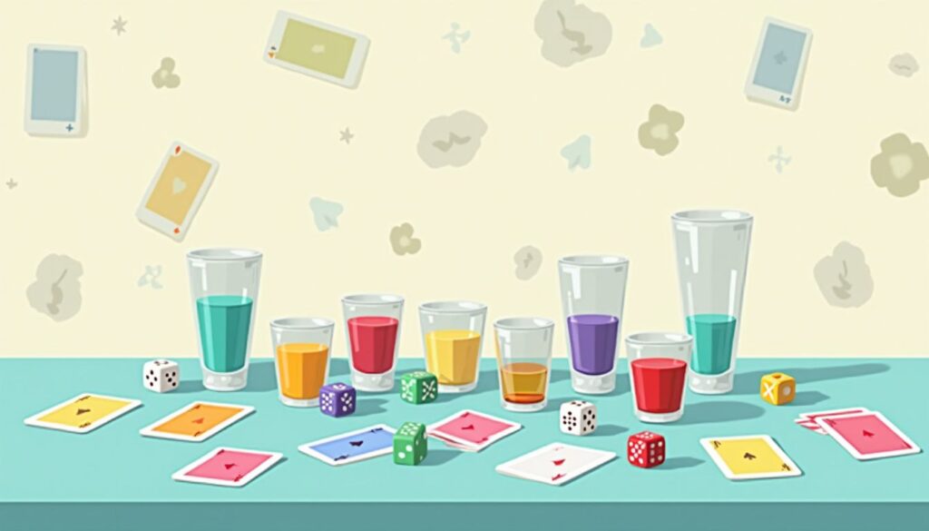 Flat illustratie van een speeltafel met kaarten, dobbelstenen en shotglazen.