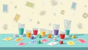 Flat illustratie van een speeltafel met kaarten, dobbelstenen en shotglazen.