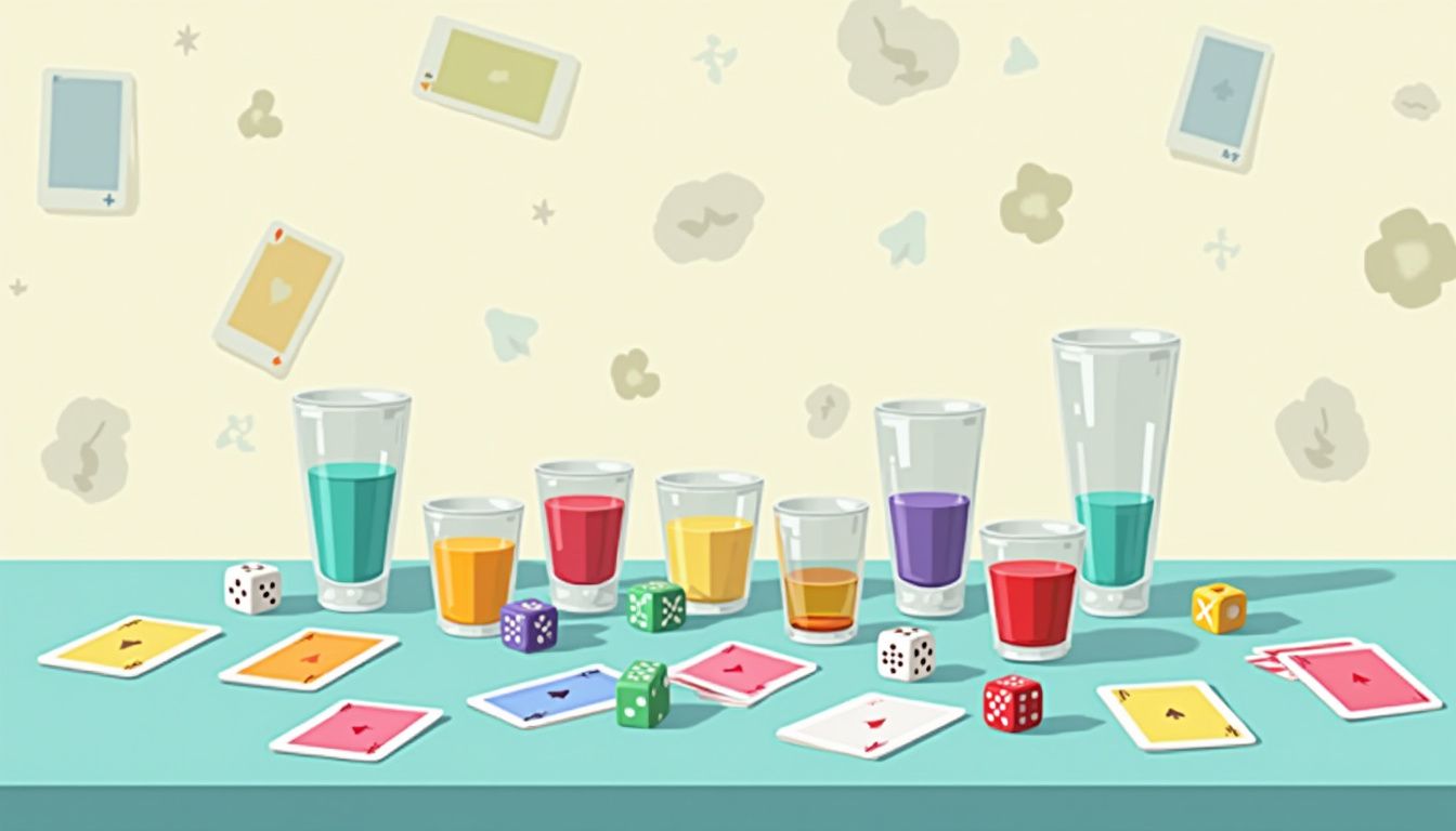 Flat illustratie van een speeltafel met kaarten, dobbelstenen en shotglazen.