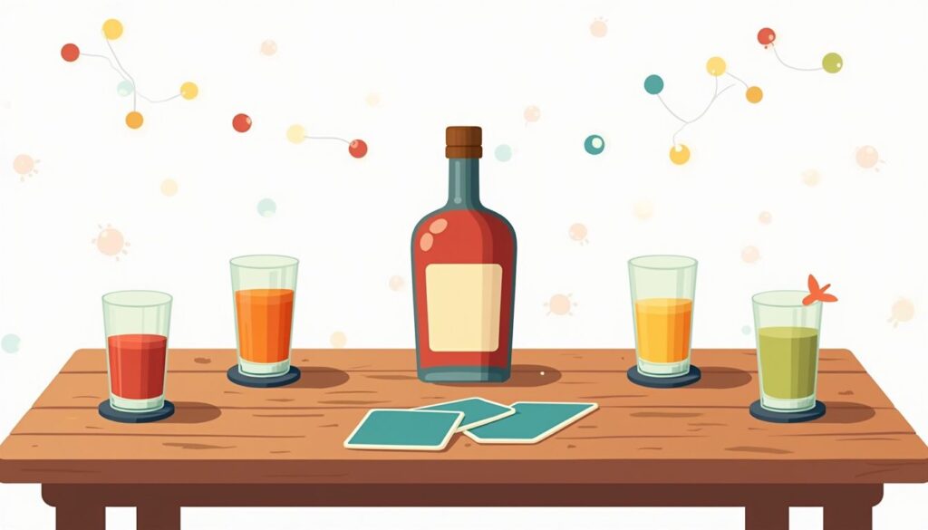 Vectorillustratie van een gepersonaliseerd drinkspel op een rustieke tafel.