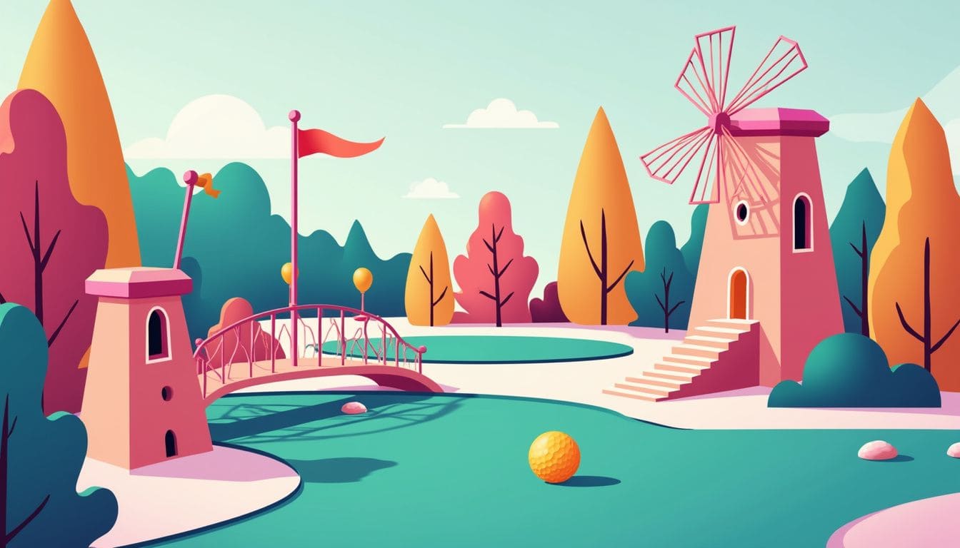 Vrolijke, minimalistische mini-golfbaan met kleurrijke obstakels en drankiconen.