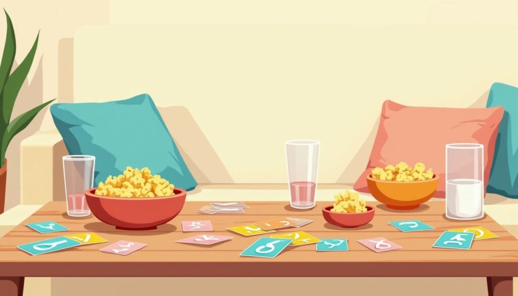 Flat design van een tafel met kaartspel en snacks in pastelkleuren.