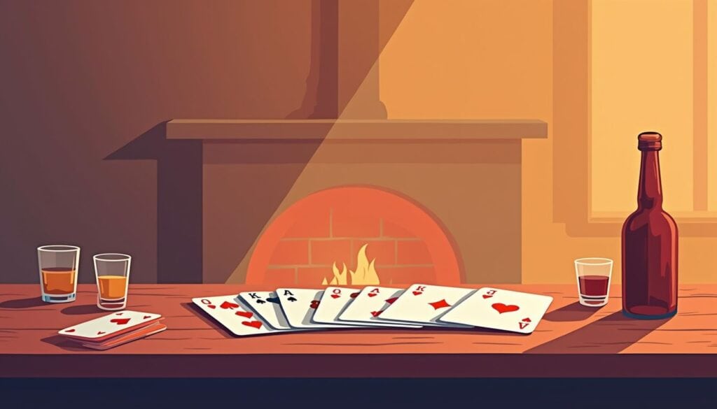 Minimalistische illustratie van speelkaarten en drank op houten tafel.