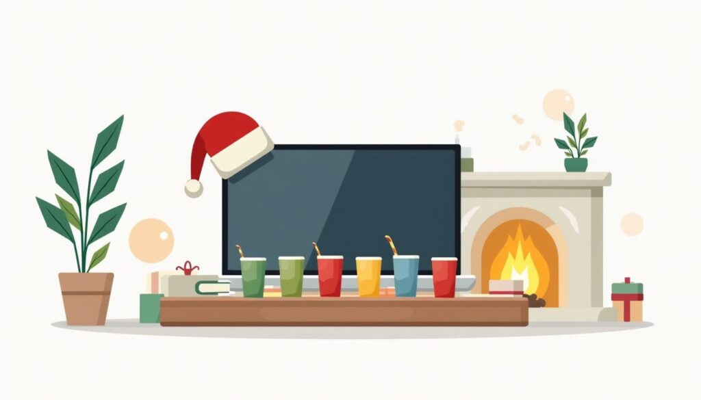 Minimalistische kerstkamer met TV, tafel en gezellige haard.