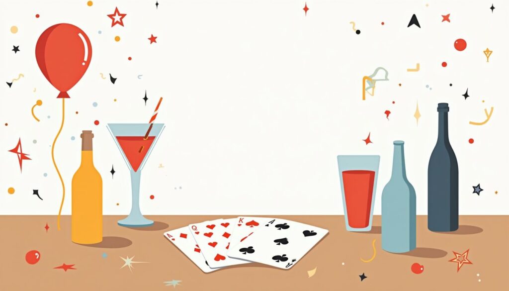 Minimalistische vectorillustratie van kleurrijke speelkaarten op een houten tafel.