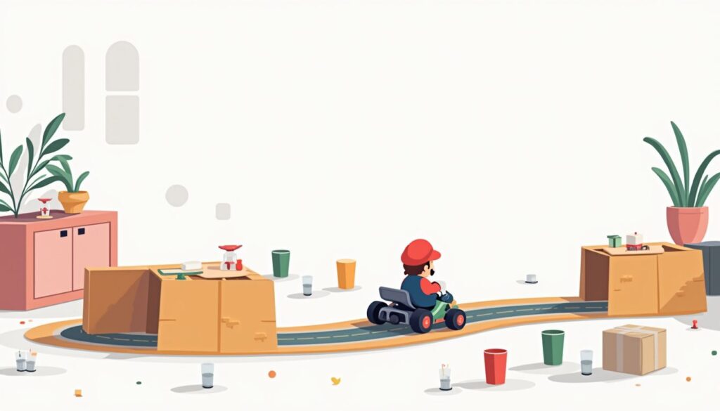 Minimalistische woonkamer met een Mario Kart baan en kleurrijke accessoires.