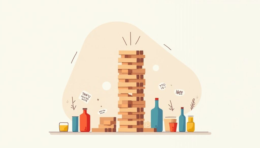 Minimalistische woonkamer met een Jenga-toren en kleurrijke shots.