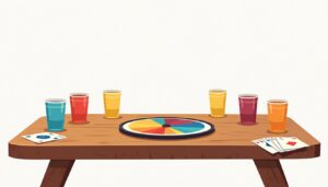 Flat vectorillustratie van een panja drinkspel op een houten tafel.