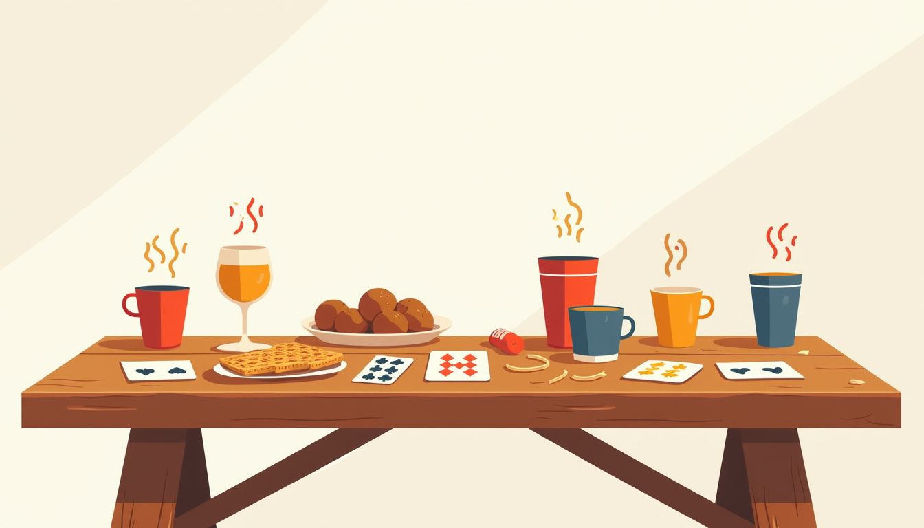 Vlakke illustratie van een Pokémon drinkspel met Nederlandse snacks.