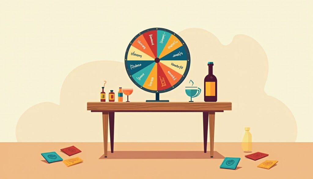 Kleurrijke Wheel of Fortune op tafel met speelse glazen en kaarten.