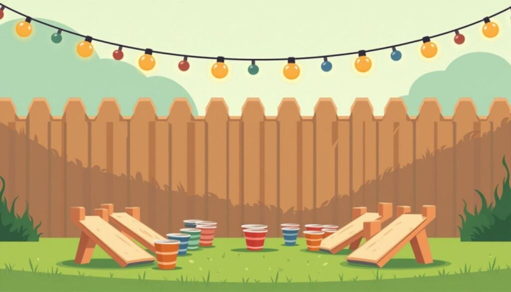 Vectorillustratie van een houten ringwerpspel in een achtertuin.