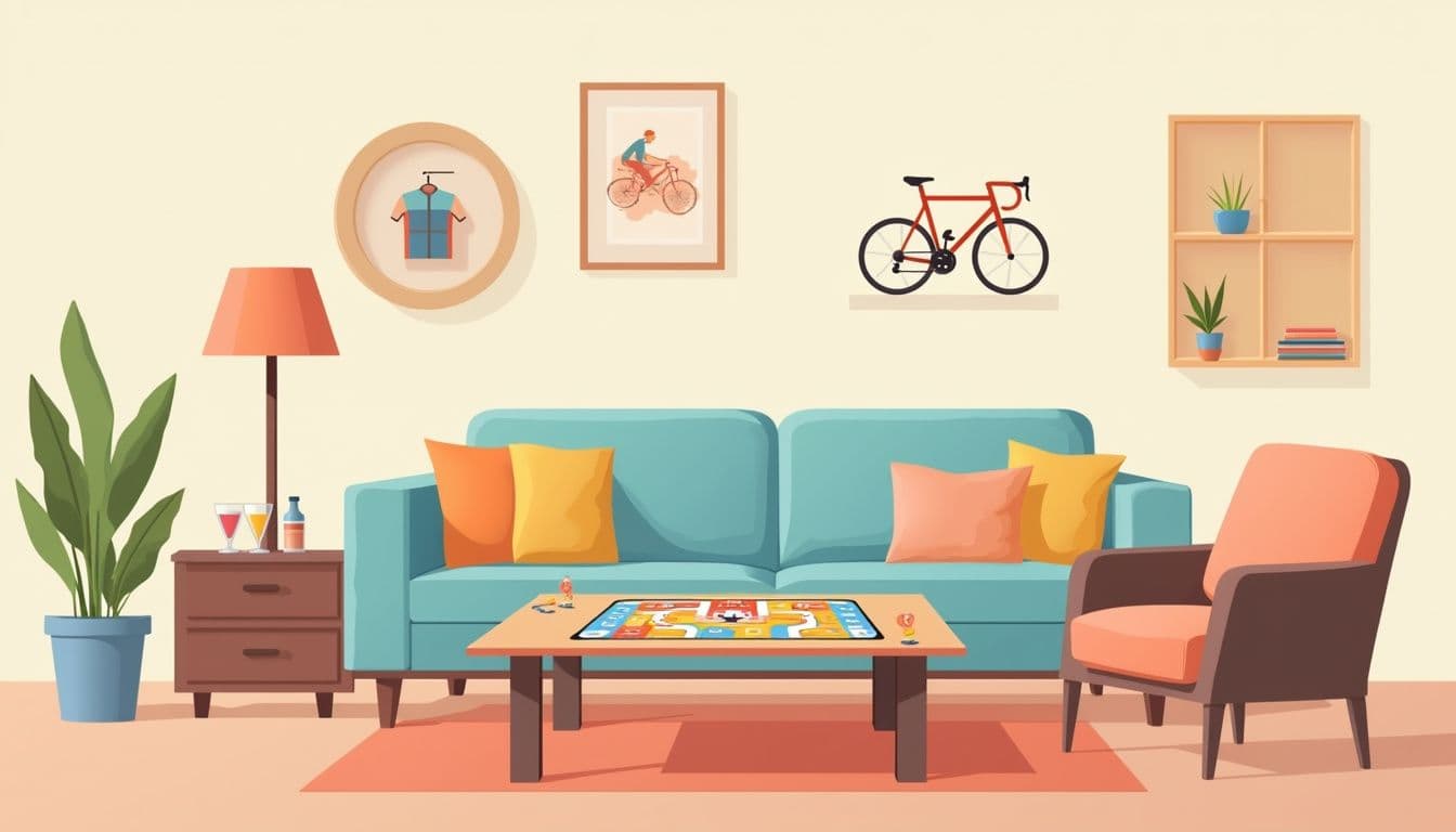 Een minimalistische woonkamer met een kleurrijk Tour de France bordspel.