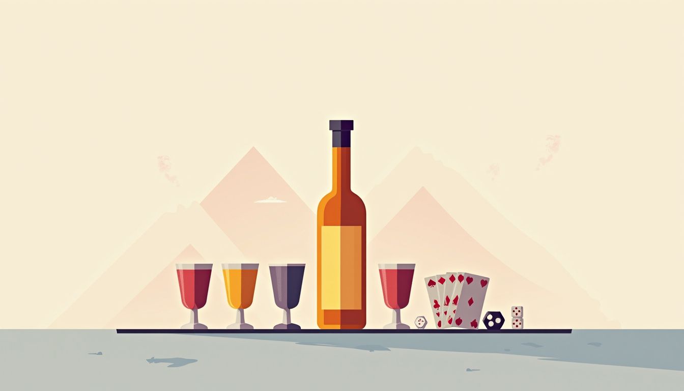 Minimalistische vectorillustratie van een tafel met drank en spelaccessoires.