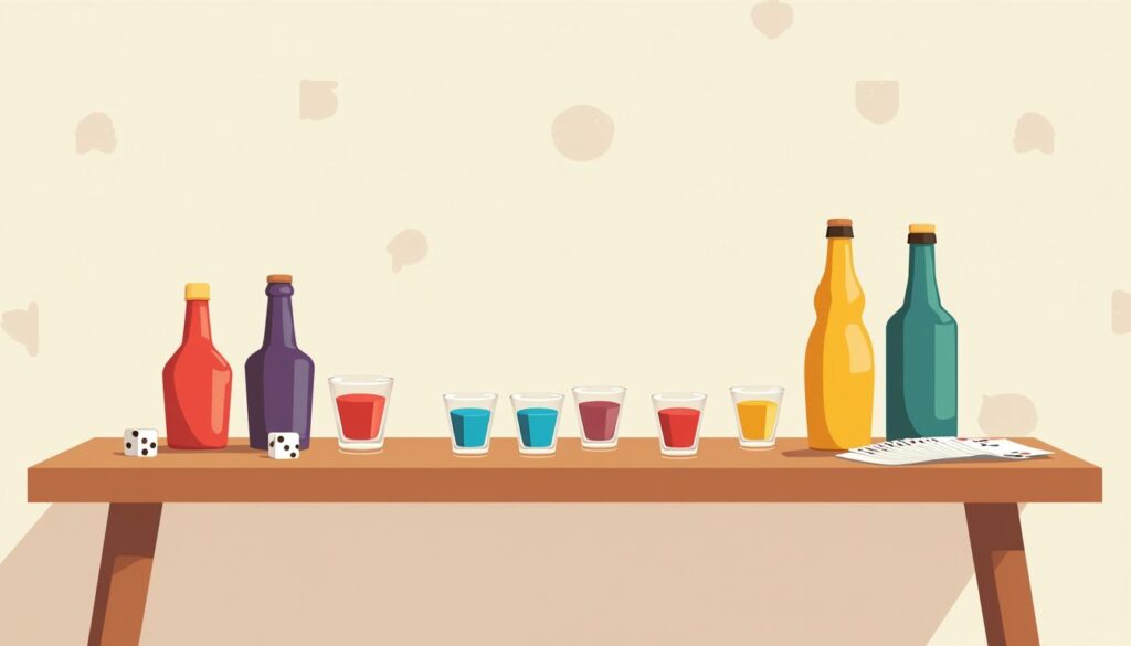 Minimalistische spelletjesavond met een tafel, glazen, flessen en kaarten.